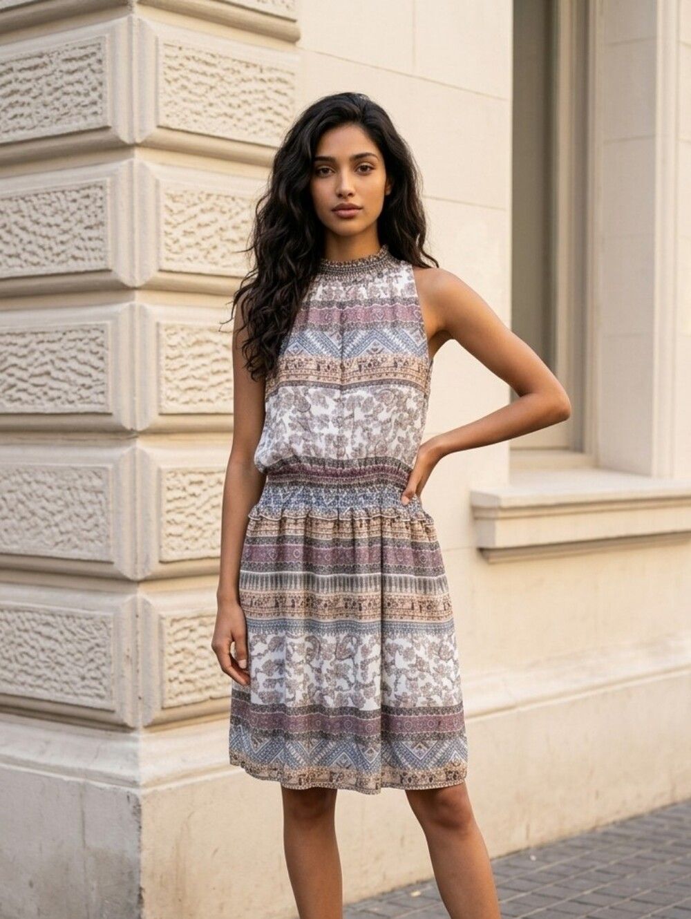 June & Hudson Mock Neck Chiffon Sleeveless Dress Bohemian Ivory Paisley Print